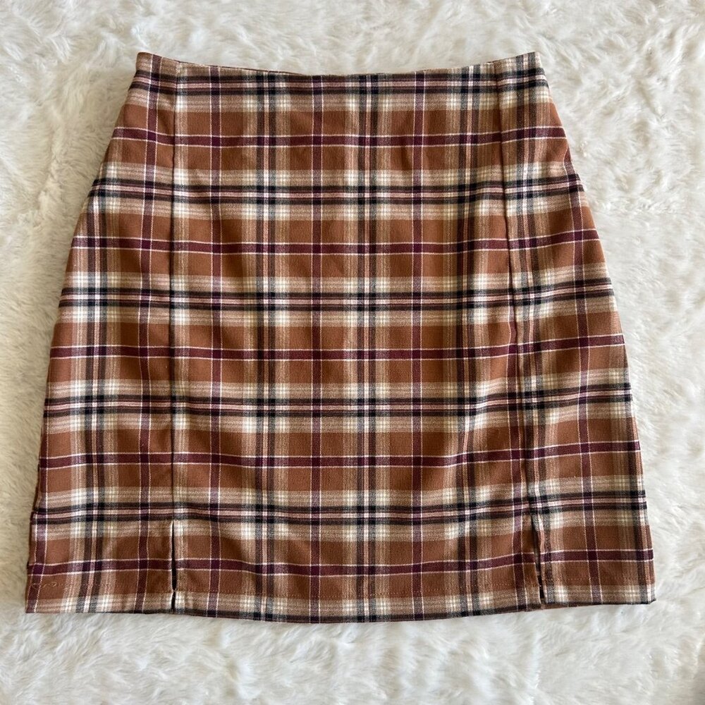 Brandy Melville Brown Plaid Cara Mini Front Slit Skirt - XS/S